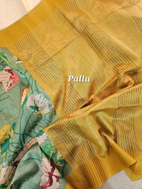 Semi Tussar with Tissue Border - Olive Green with Mustard Yellow