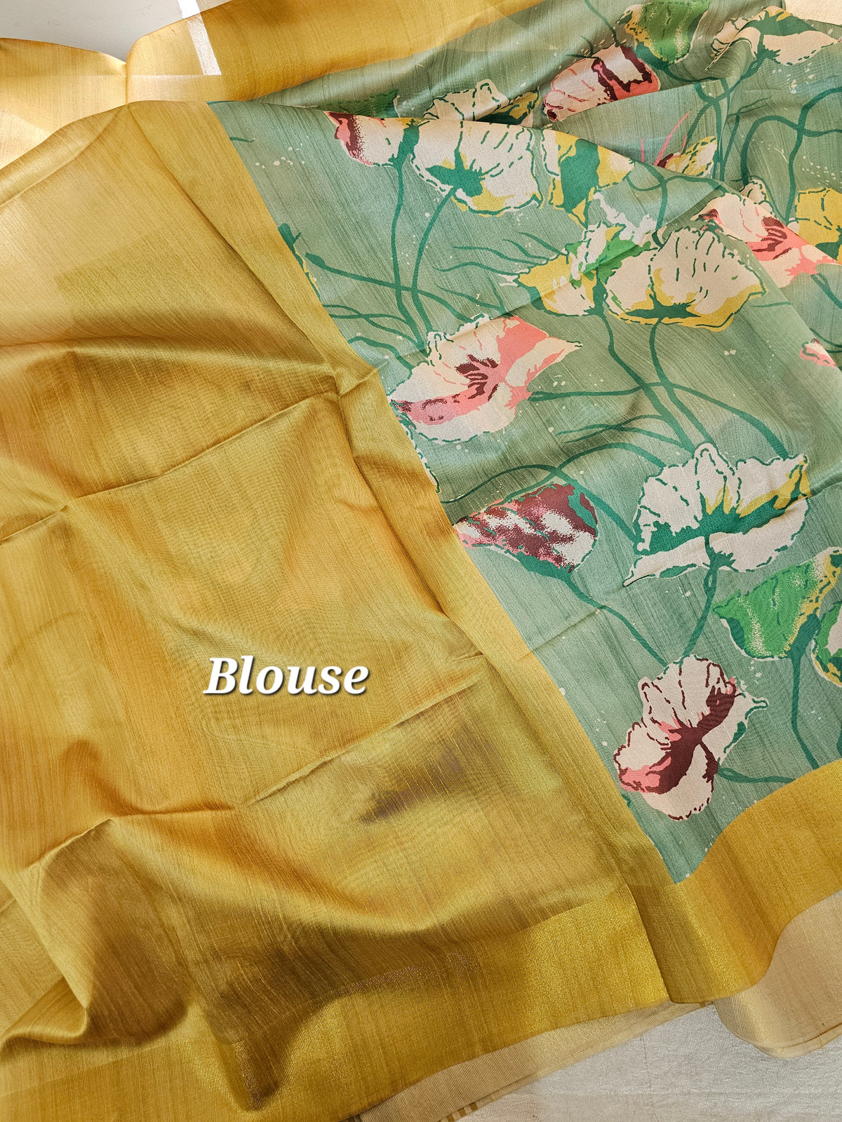 Semi Tussar with Tissue Border - Olive Green with Mustard Yellow