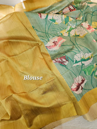 Semi Tussar with Tissue Border - Olive Green with Mustard Yellow