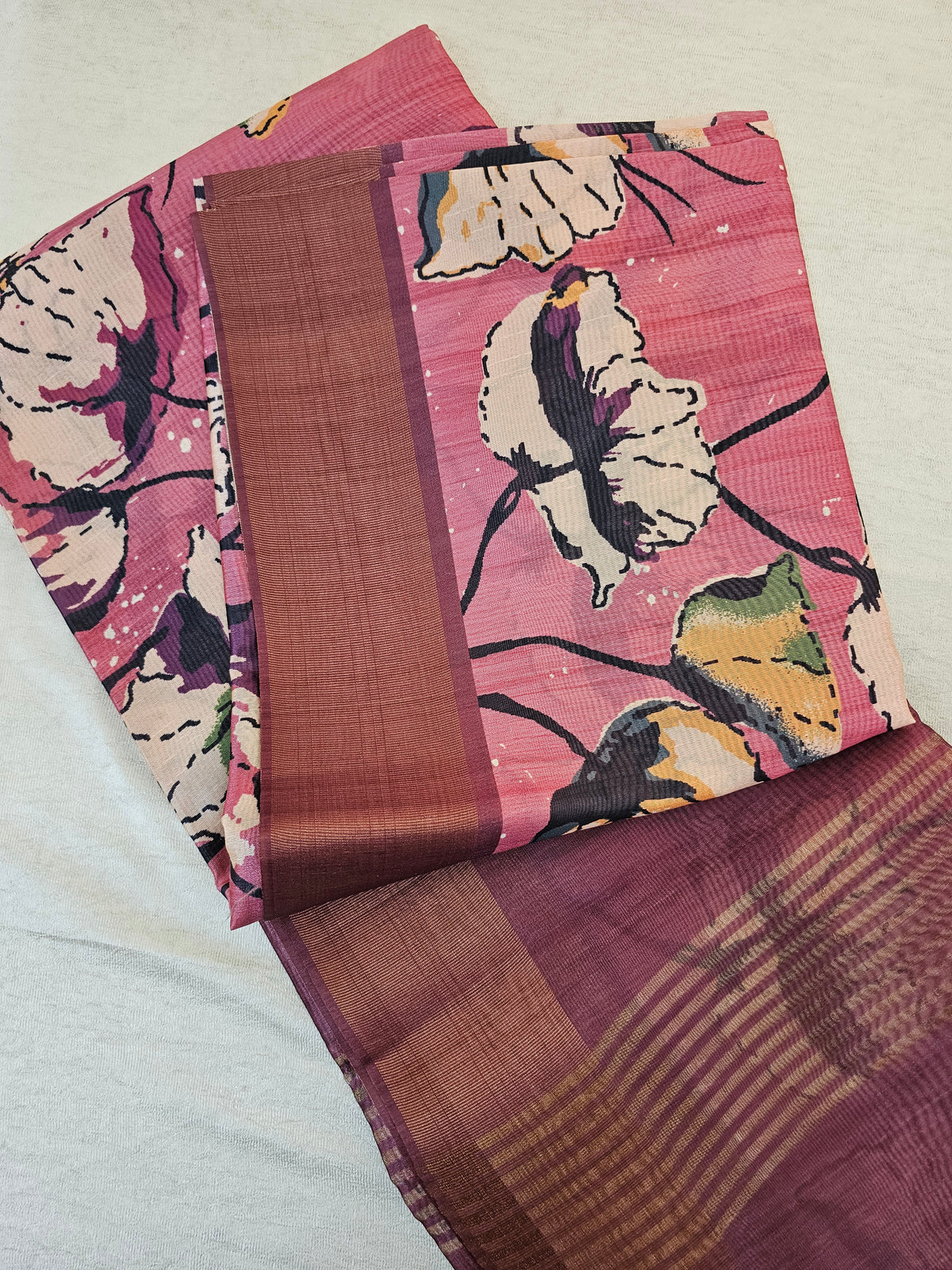Semi Tussar with Tissue Border - Pink with Dark Maroon
