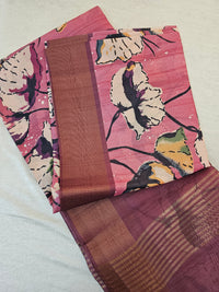 Semi Tussar with Tissue Border - Pink with Dark Maroon