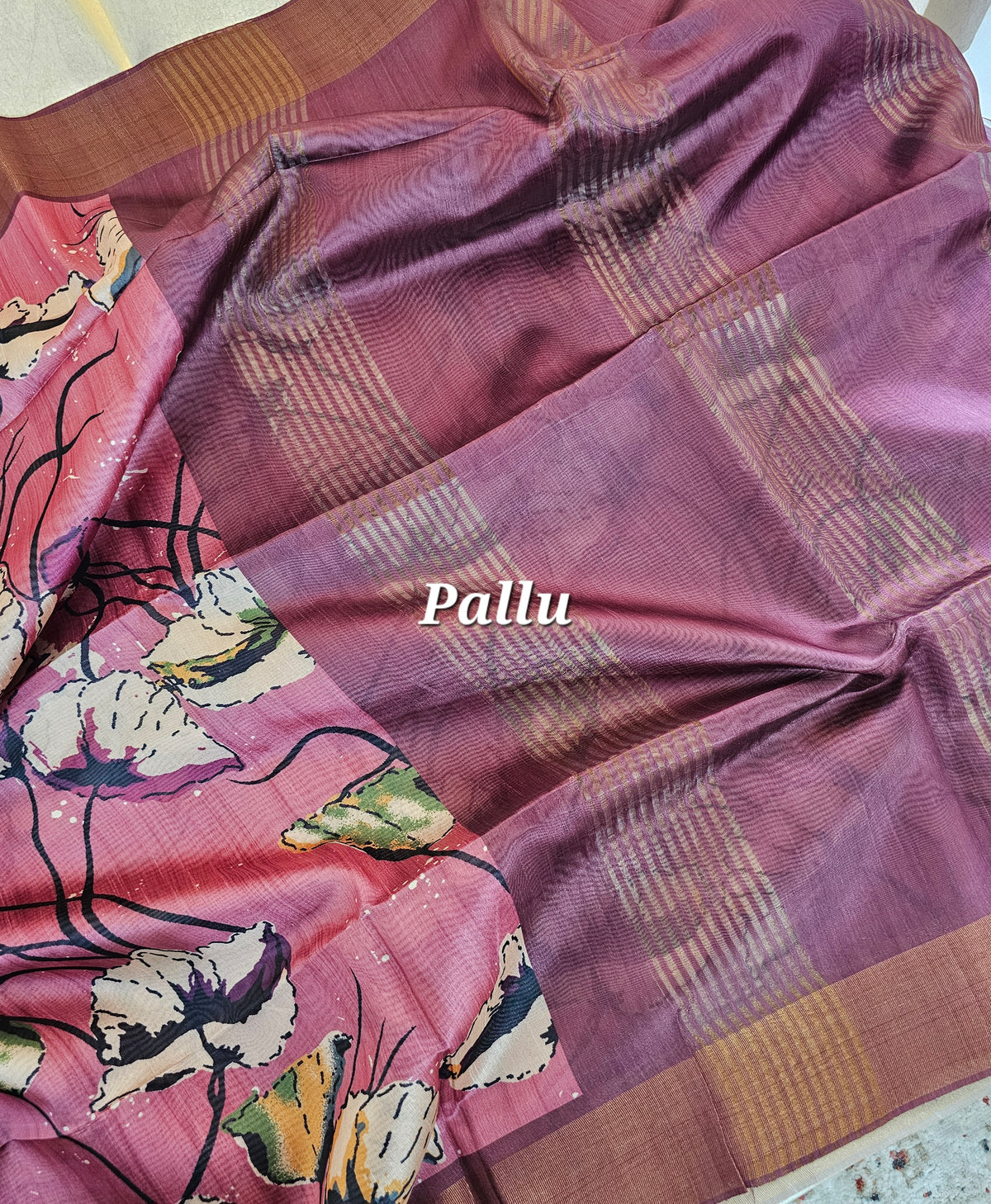 Semi Tussar with Tissue Border - Pink with Dark Maroon