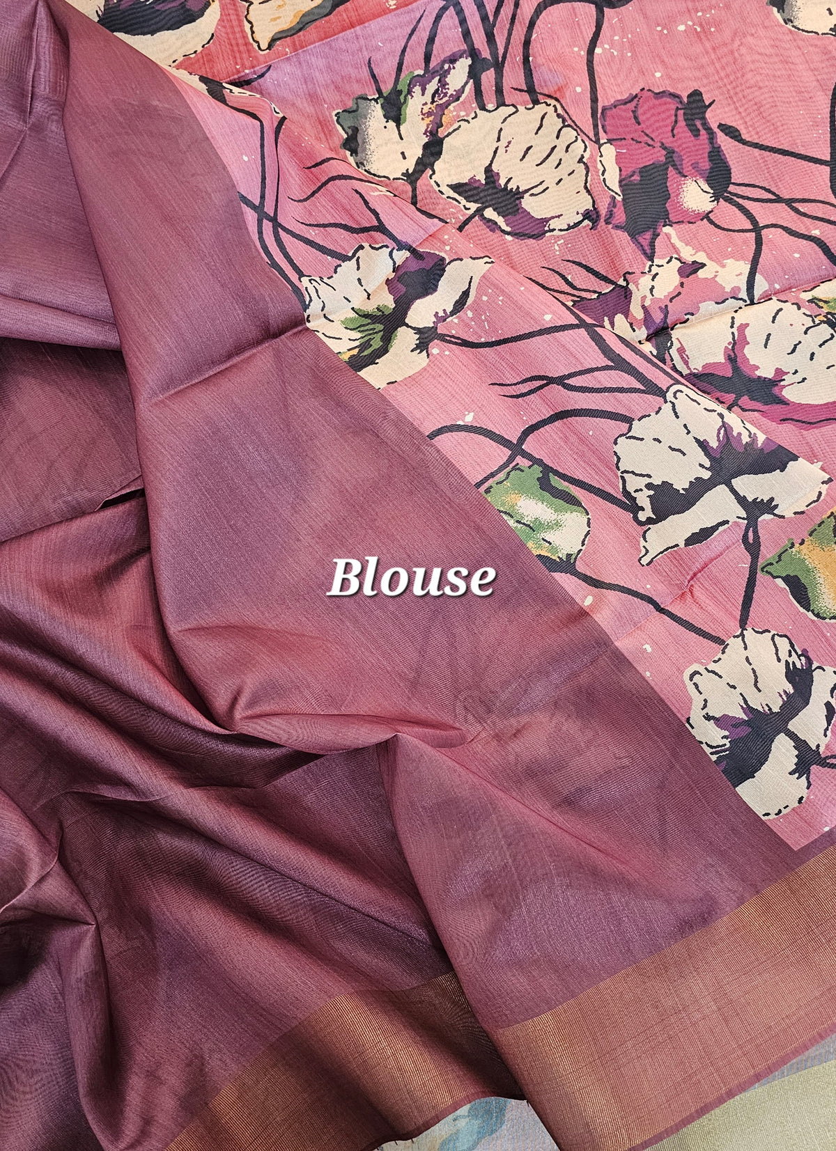 Semi Tussar with Tissue Border - Pink with Dark Maroon
