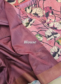 Semi Tussar with Tissue Border - Pink with Dark Maroon