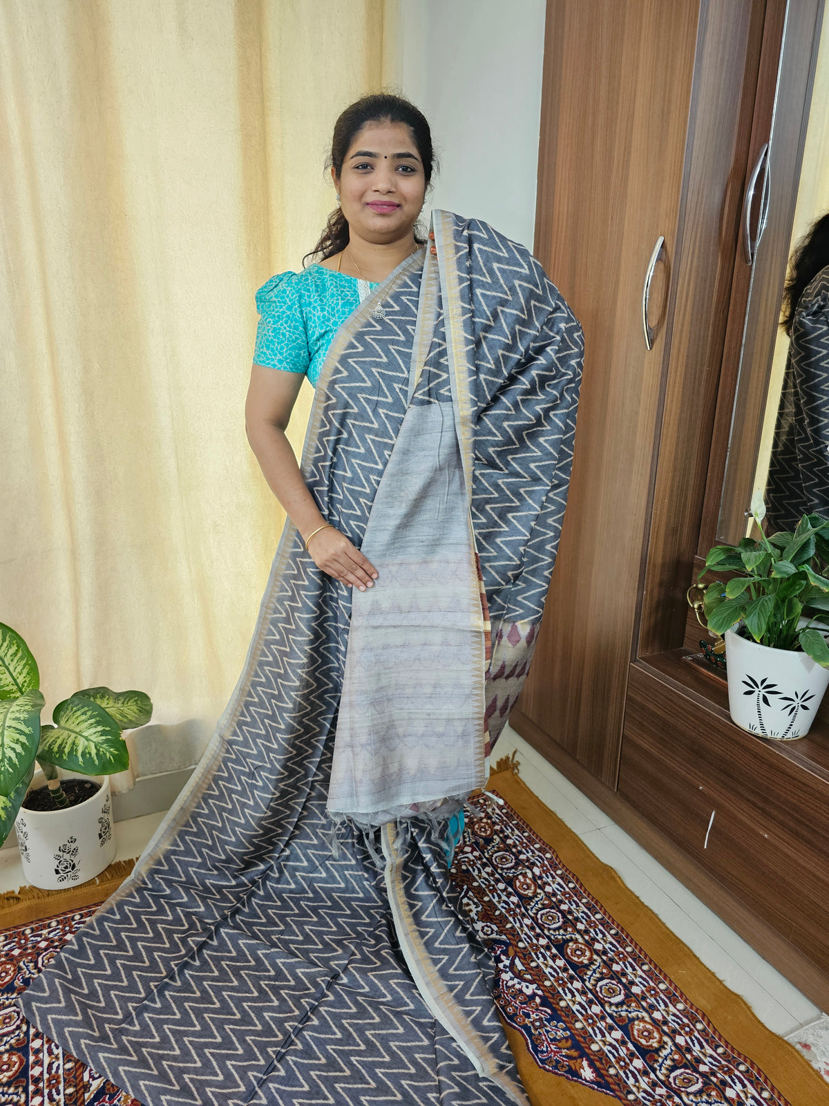Soft Semi Tussar with Zari Weaving Border - Grey
