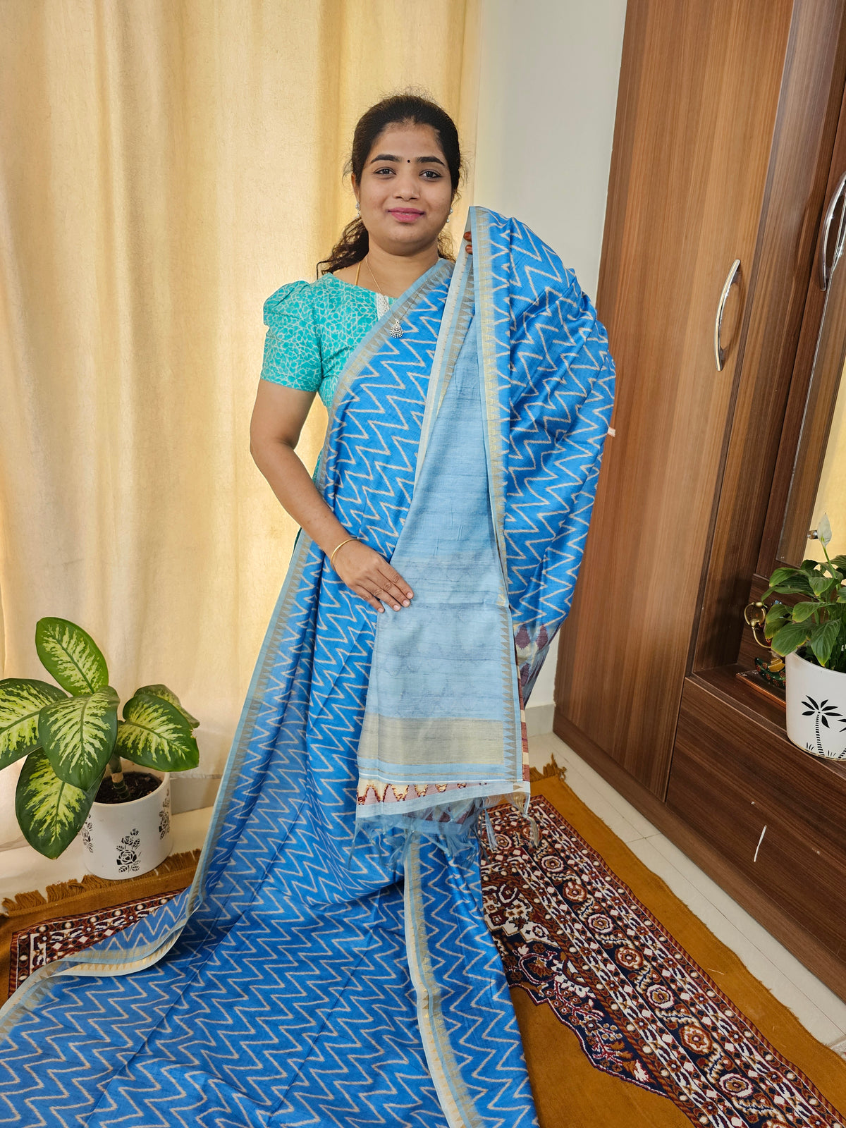 Soft Semi Tussar with Zari Weaving Border - Blue