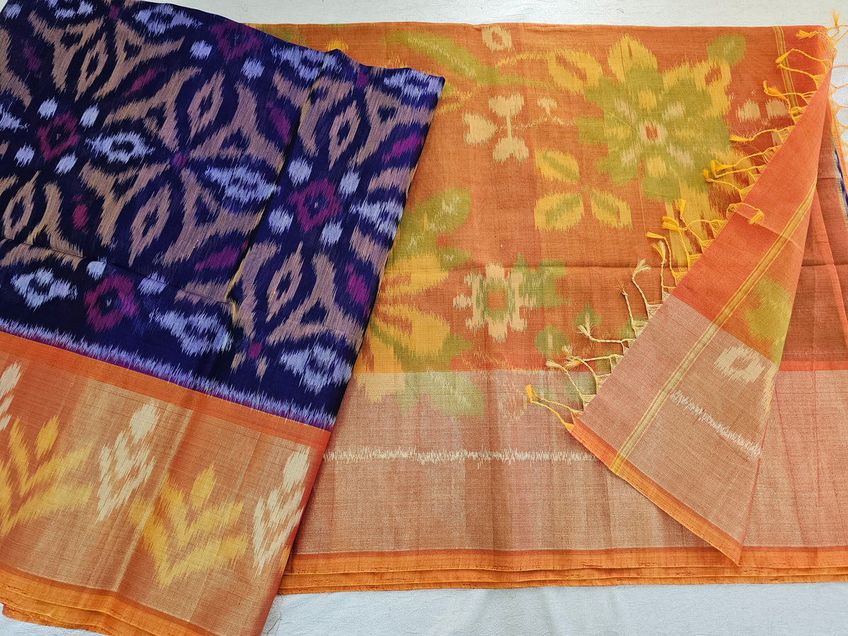 Violet with Mustard Yellow Pochampally Ikkat Silk Cotton (SICO Pattu)