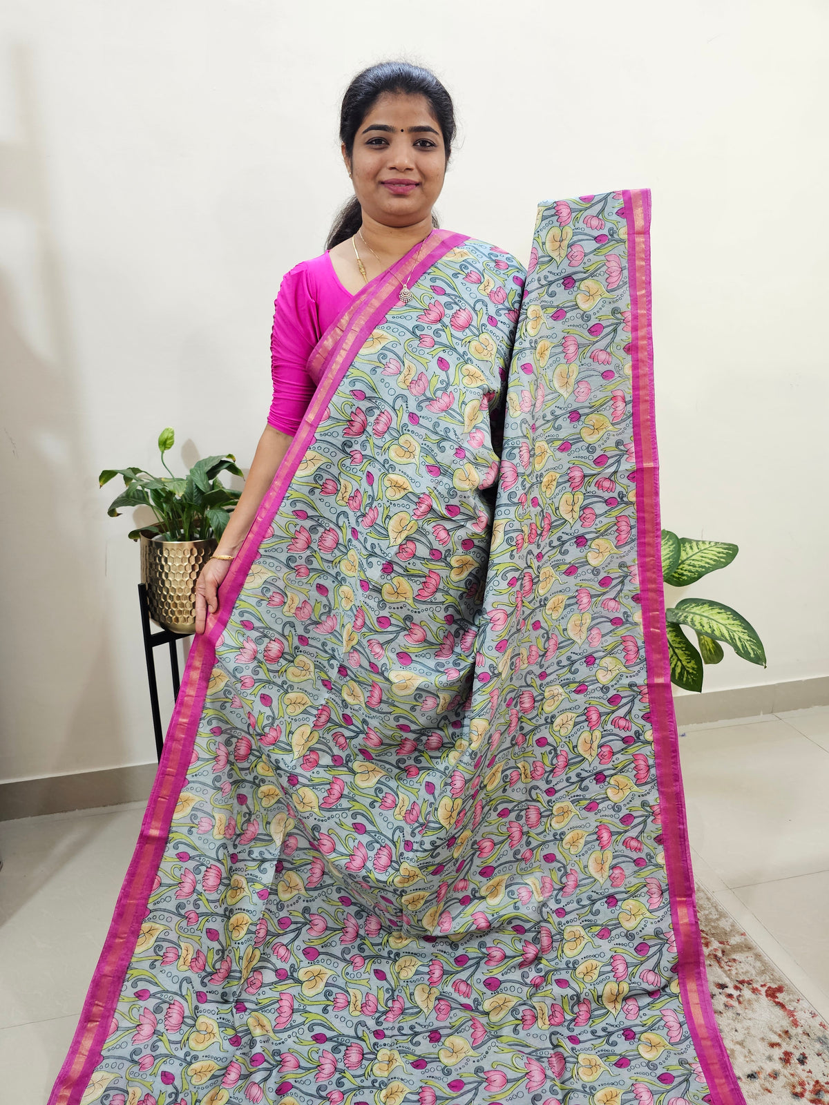 Tussar by Cotton Kalamkari- Grey with Pink