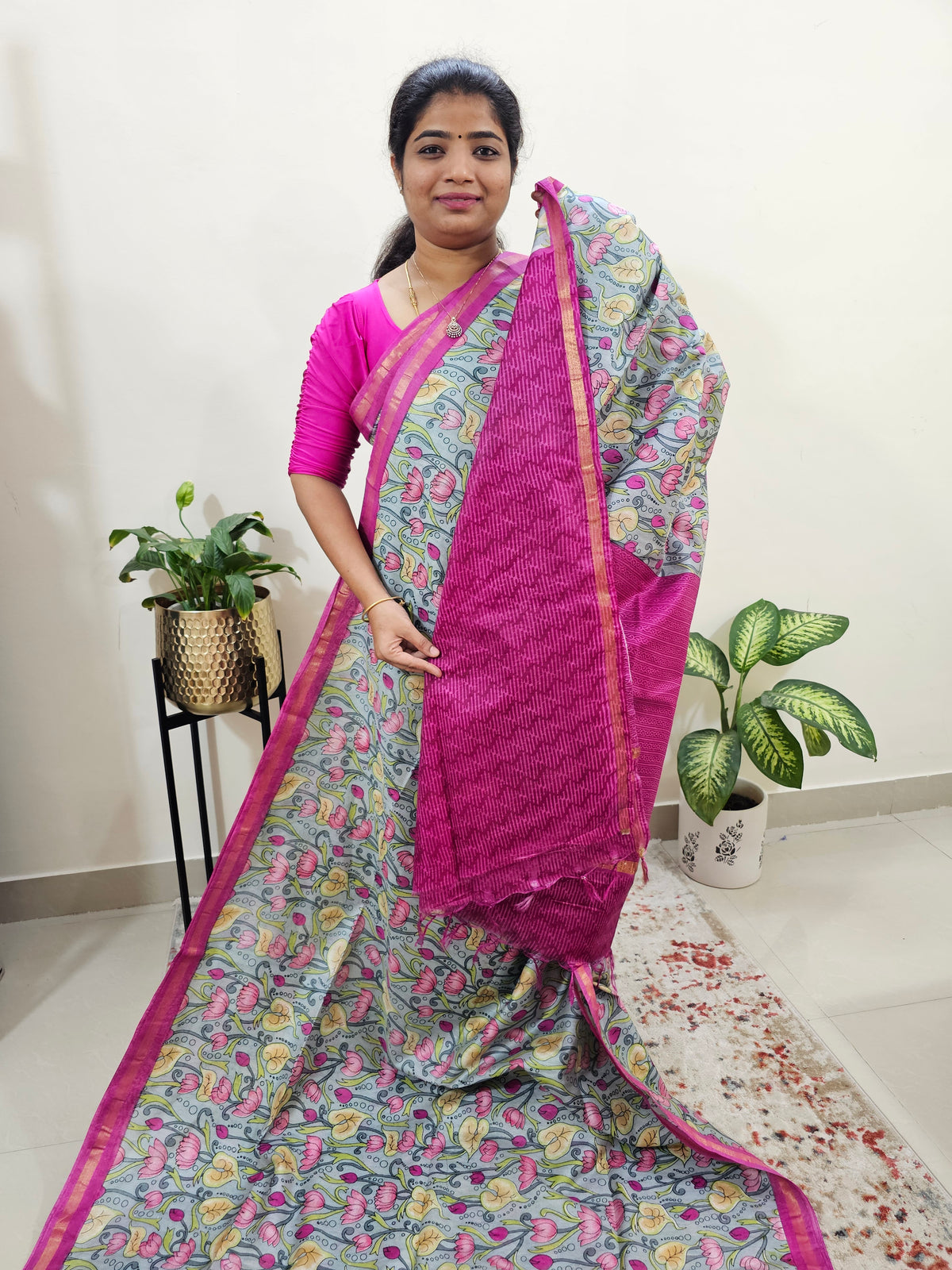 Tussar by Cotton Kalamkari- Grey with Pink