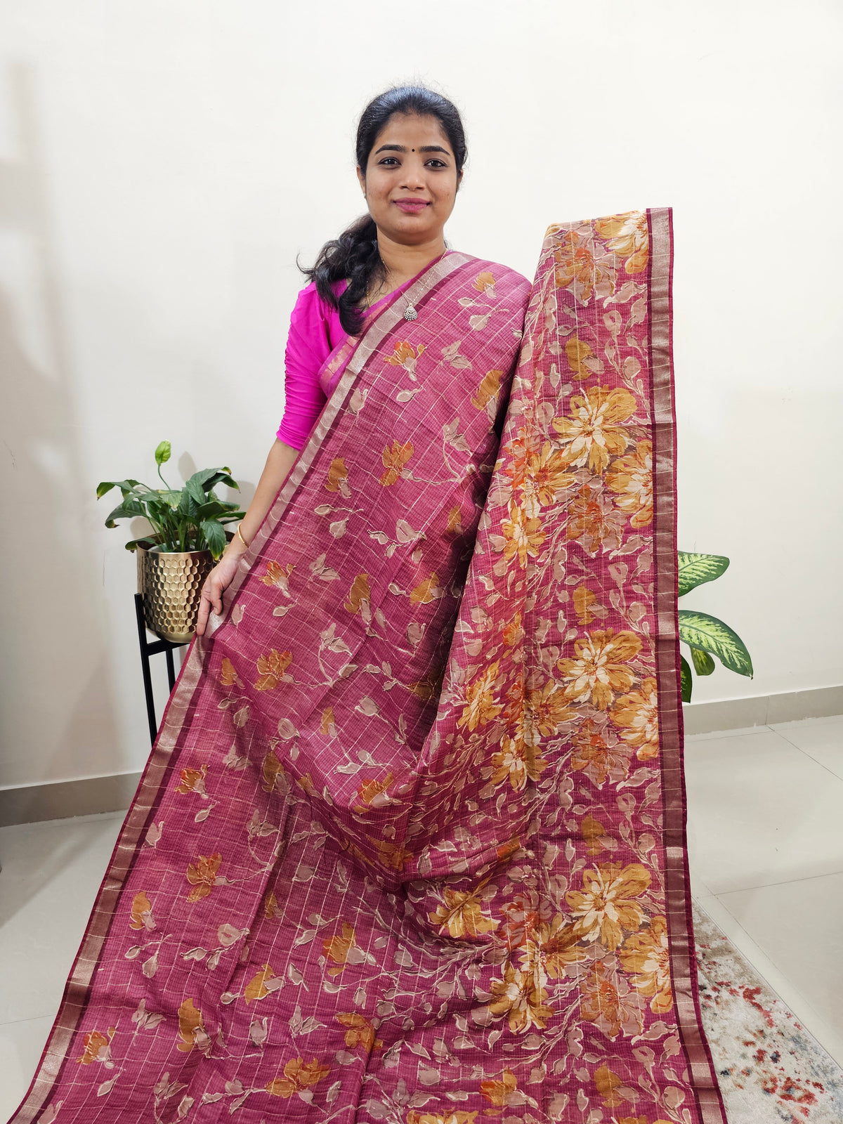 Tussar by Cotton Kalamkari- Onion Pink with Maroon