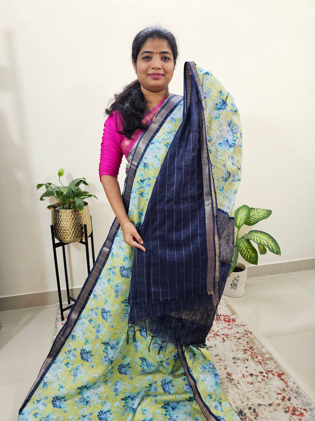 Tussar by Cotton Kalamkari- Lime Green with Navy Blue