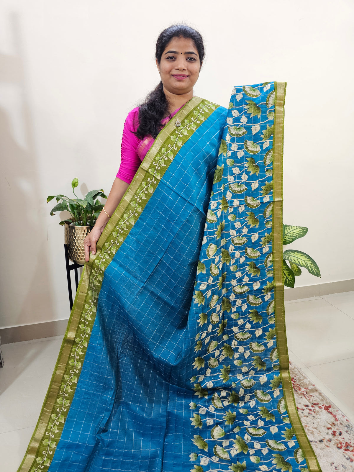 Tussar by Cotton Kalamkari- Blue with Green