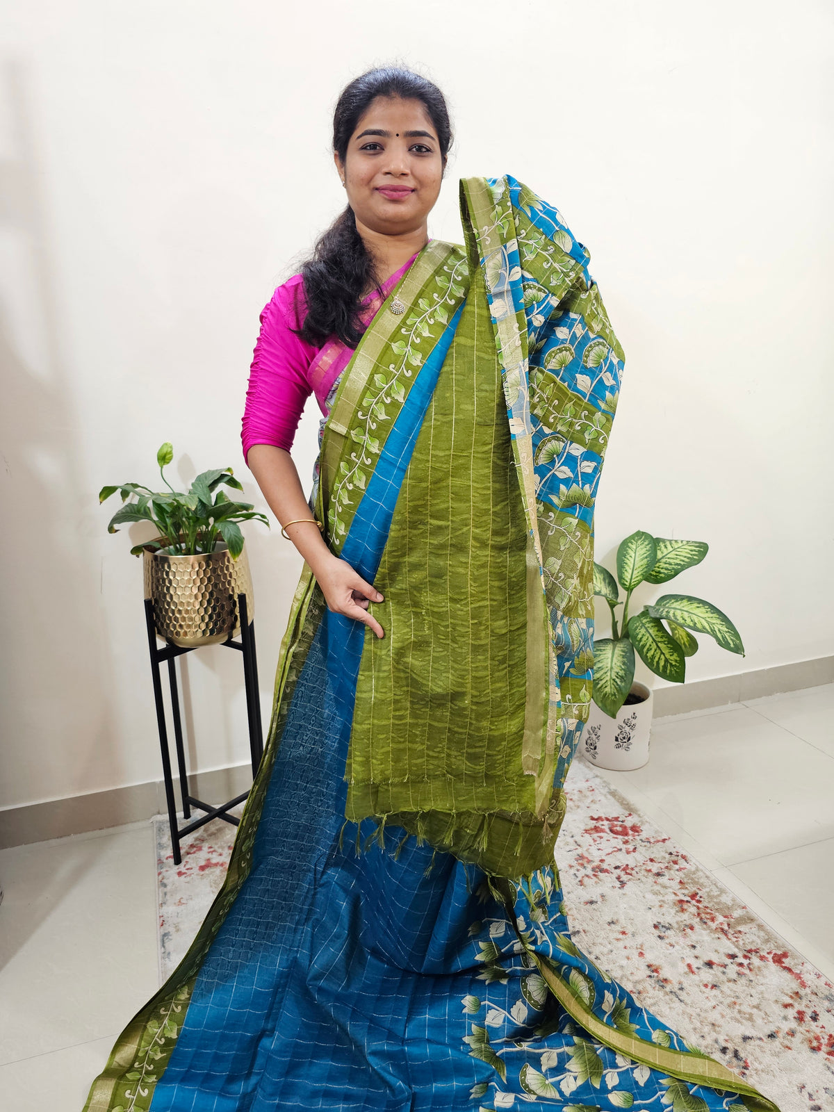 Tussar by Cotton Kalamkari- Blue with Green