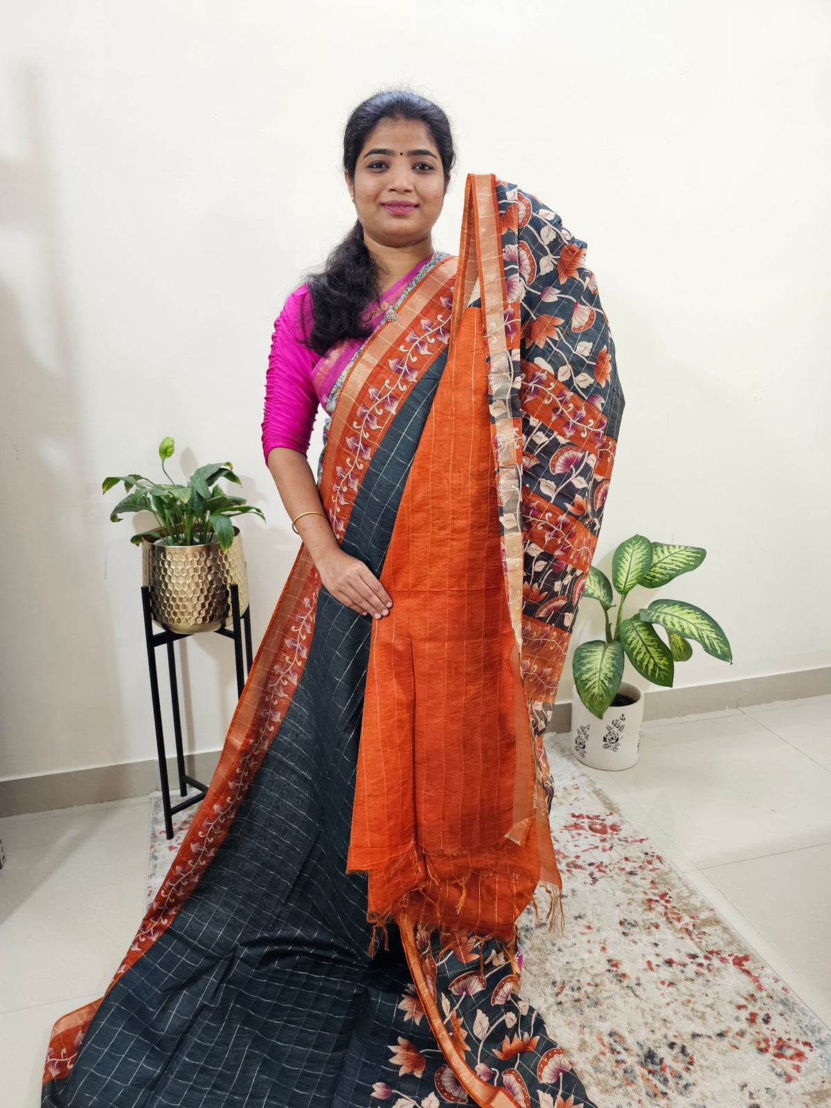 Tussar by Cotton Kalamkari- Grey with Orange
