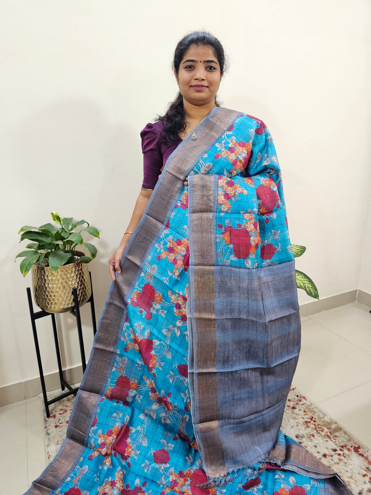 Pure Tussar Silk Saree with Kanchi Border - Blue with Grey