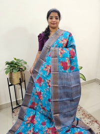 Pure Tussar Silk Saree with Kanchi Border - Blue with Grey