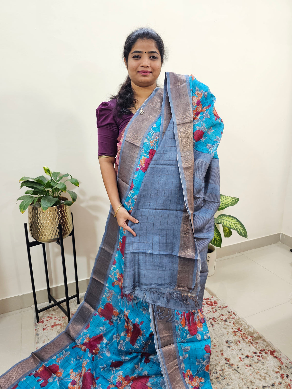 Pure Tussar Silk Saree with Kanchi Border - Blue with Grey