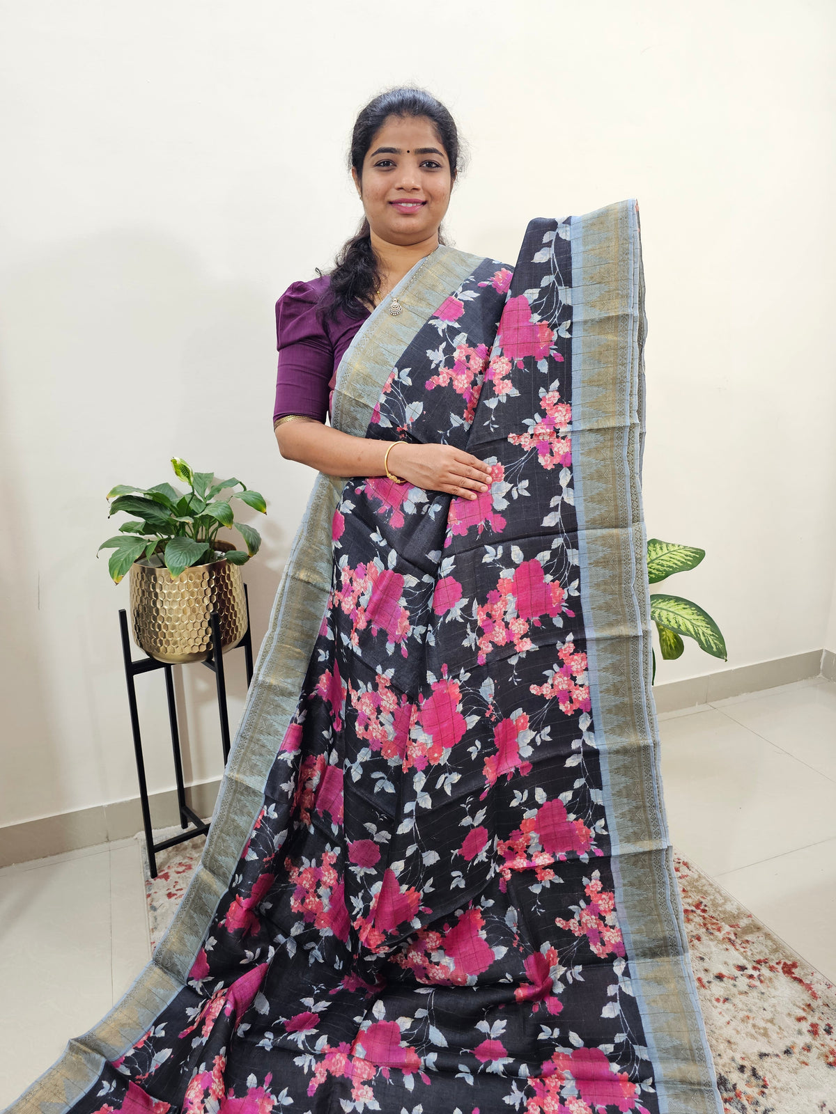 Pure Tussar Silk Saree with Kanchi Border - Black with Grey