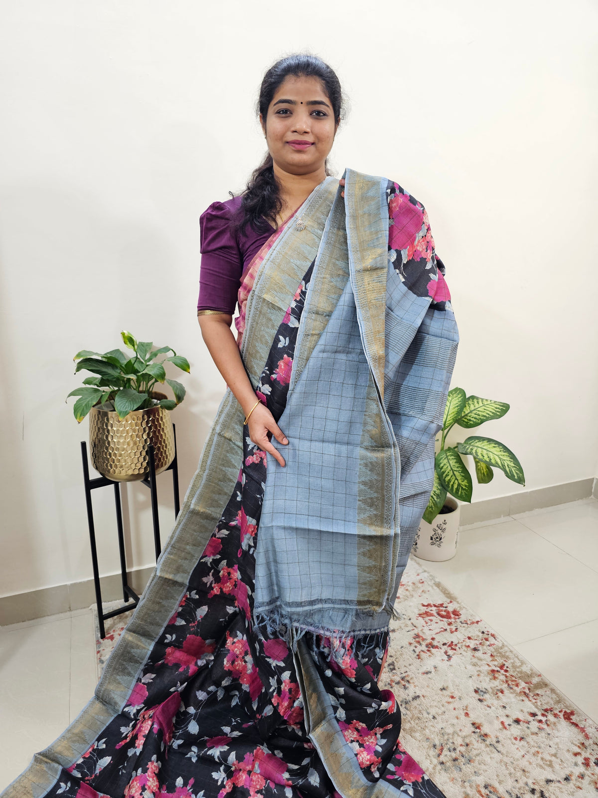 Pure Tussar Silk Saree with Kanchi Border - Black with Grey