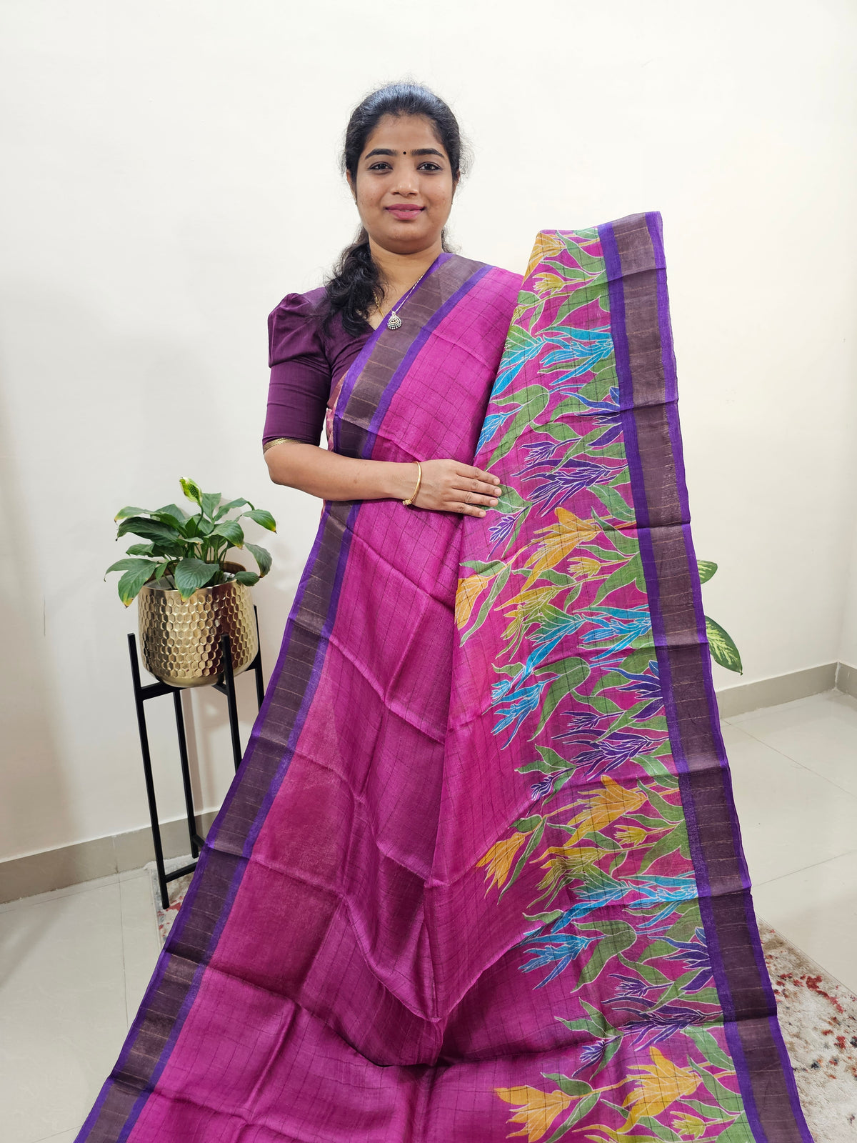Tussar Silk Saree with Kanchi Border - Pink with Purple