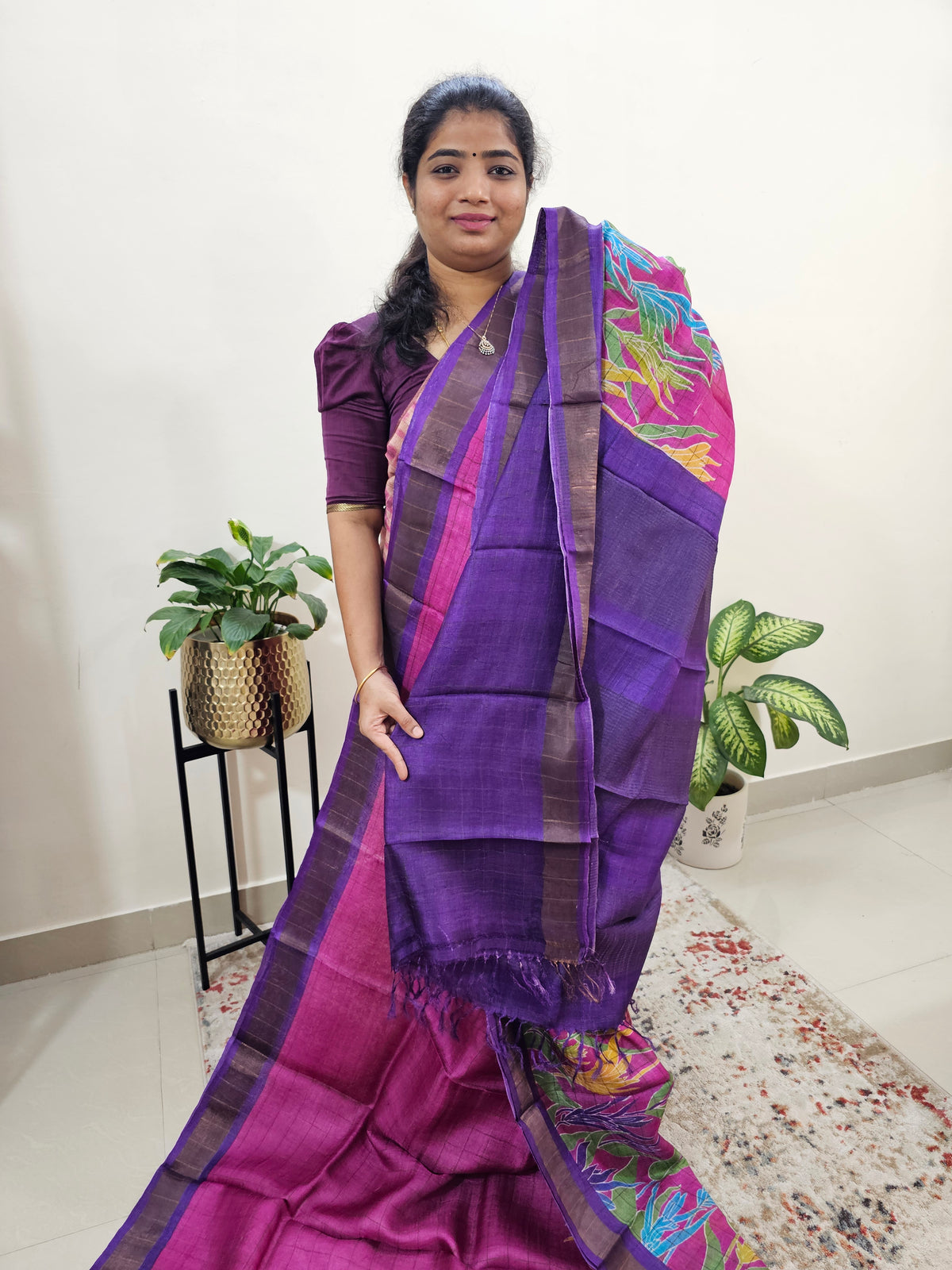 Tussar Silk Saree with Kanchi Border - Pink with Purple