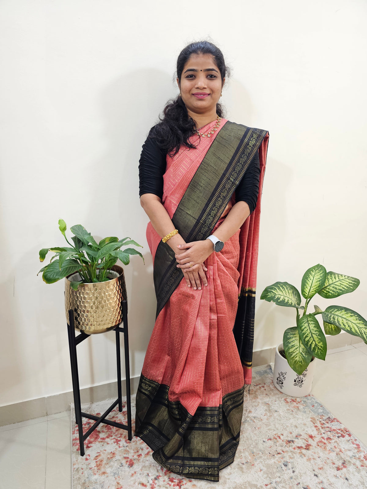 Semi Raw Silk Saree - Peach with Black