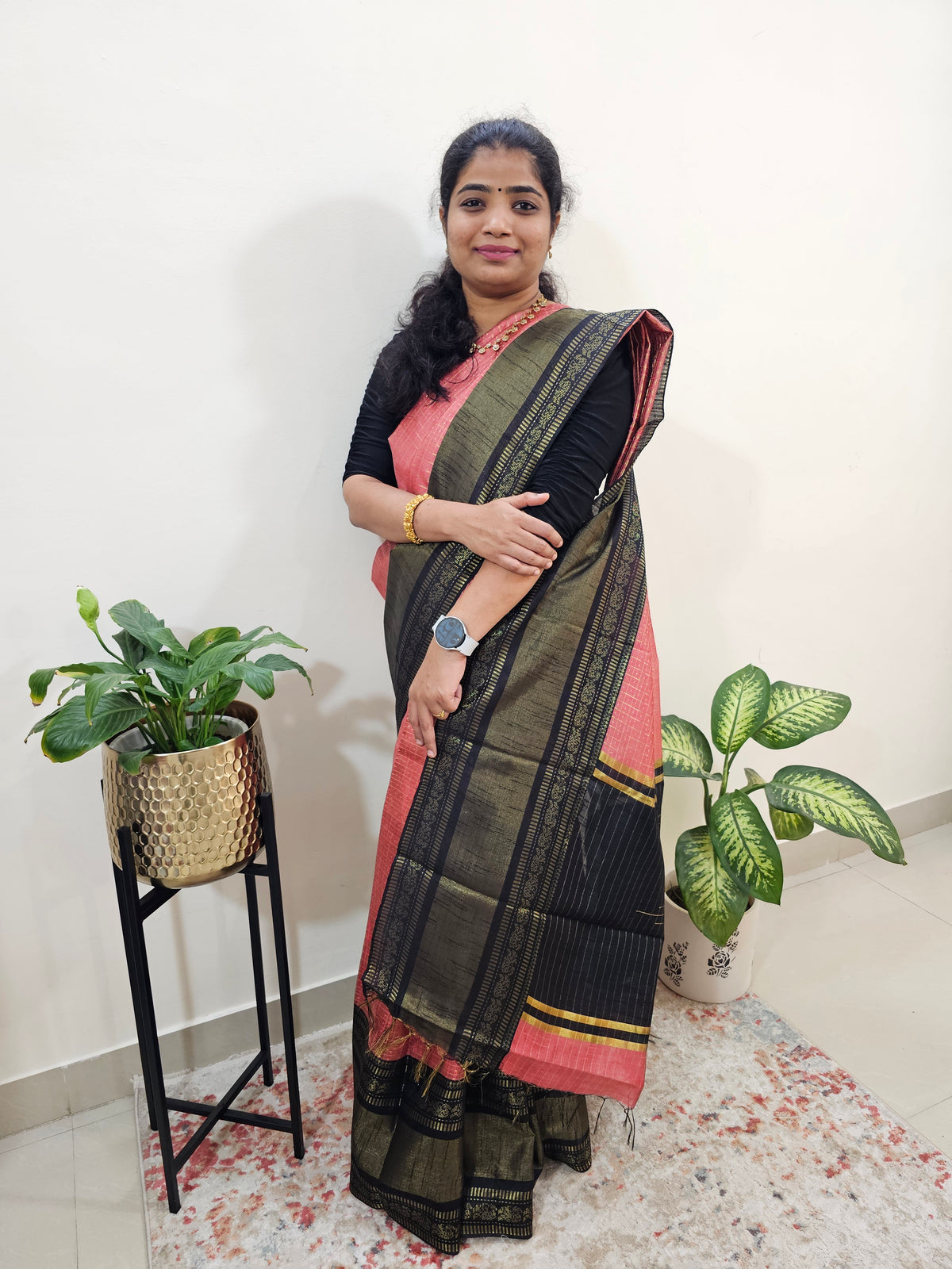 Semi Raw Silk Saree - Peach with Black