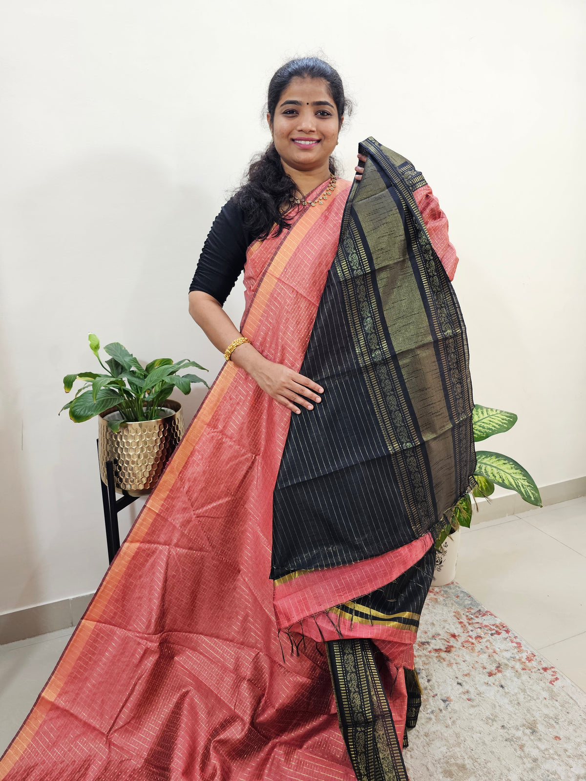 Semi Raw Silk Saree - Peach with Black