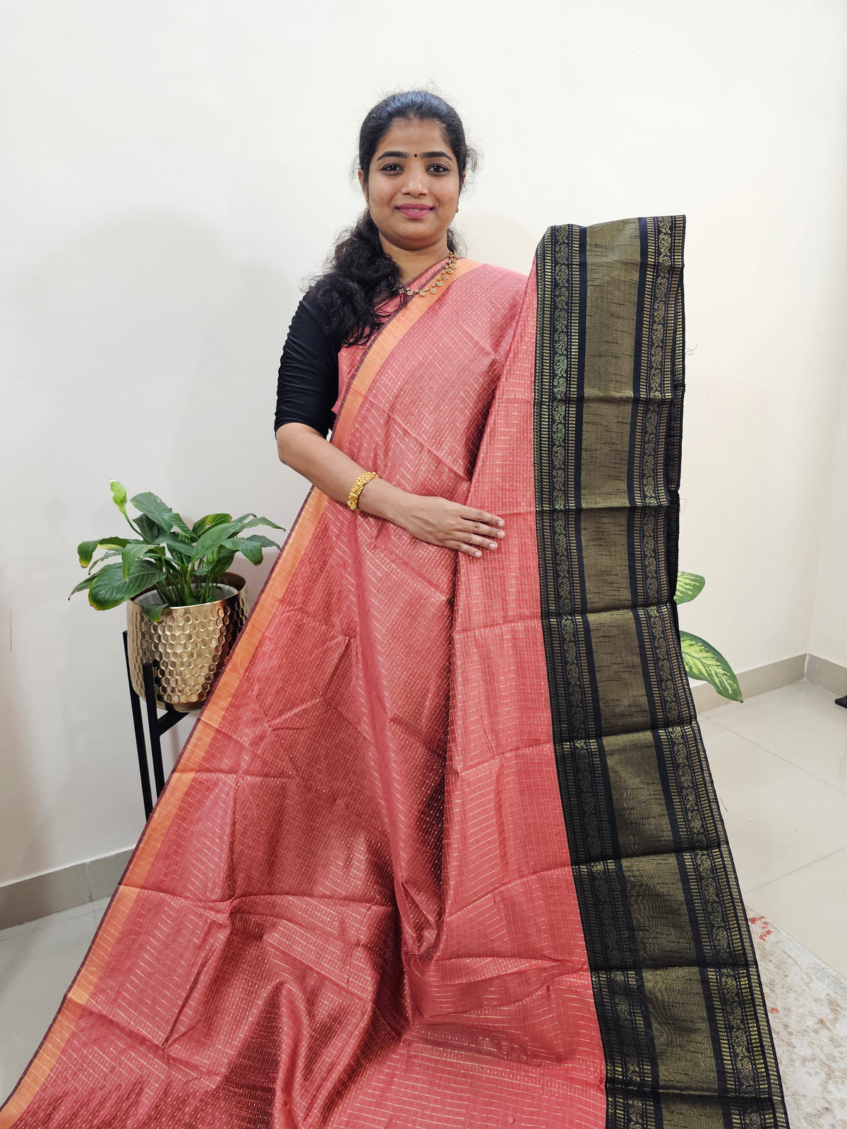 Semi Raw Silk Saree - Peach with Black