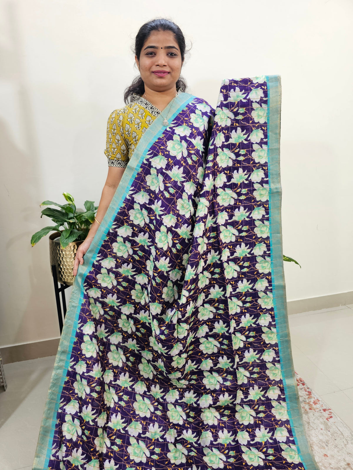Tussar by Cotton Kalamkari- Purple with Sea Blue