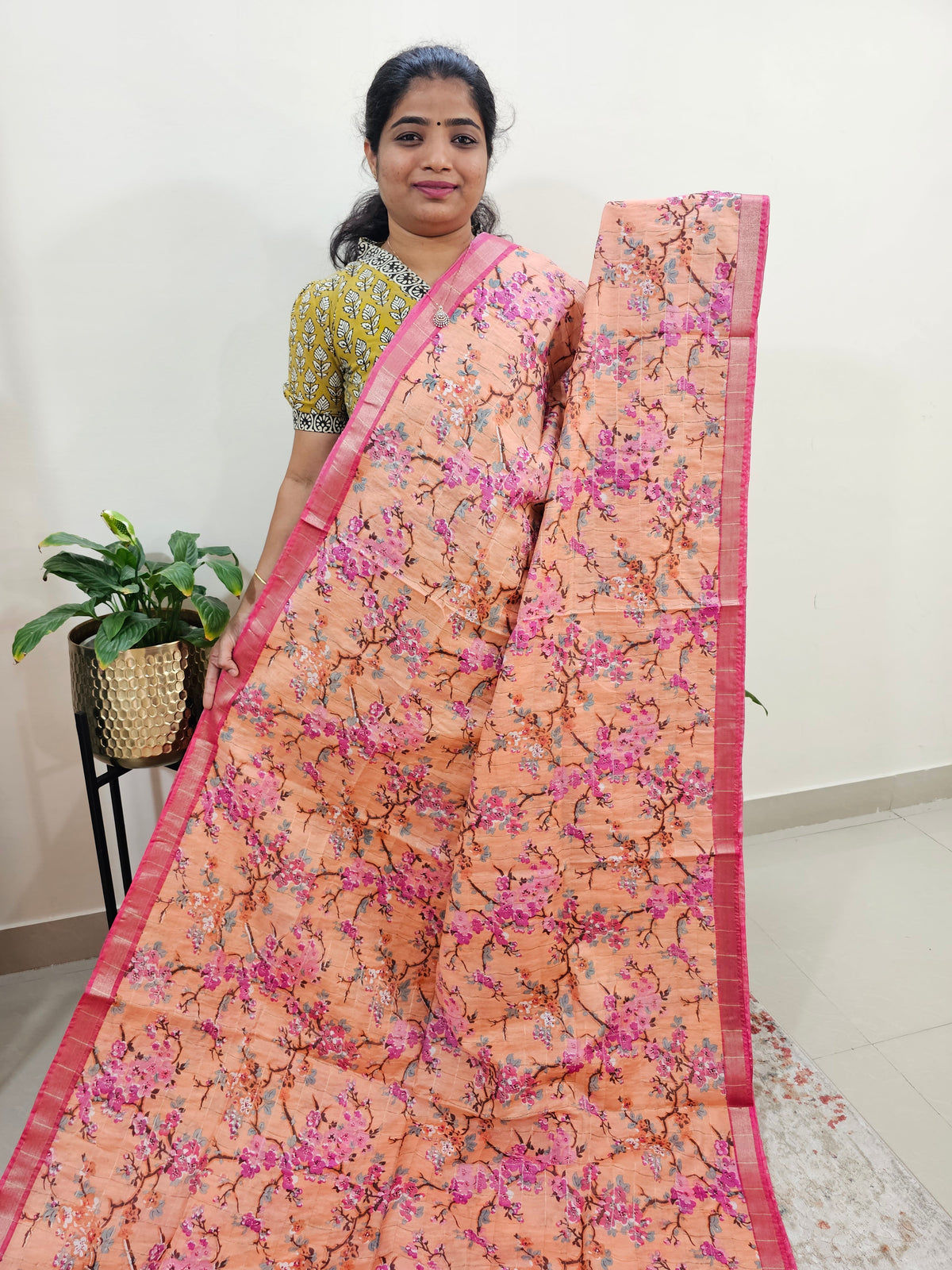 Tussar by Cotton Kalamkari- Orange with Pink
