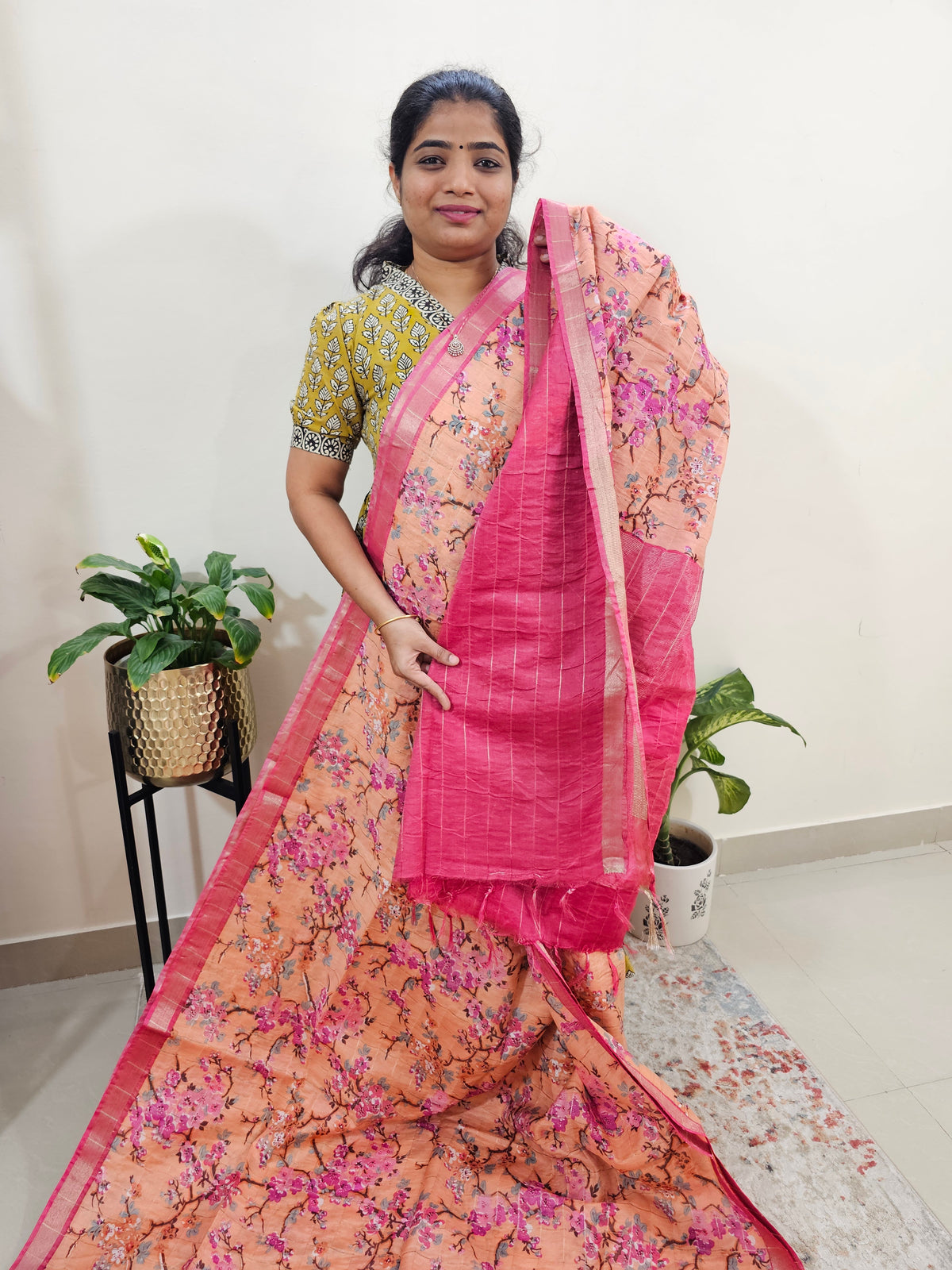 Tussar by Cotton Kalamkari- Orange with Pink