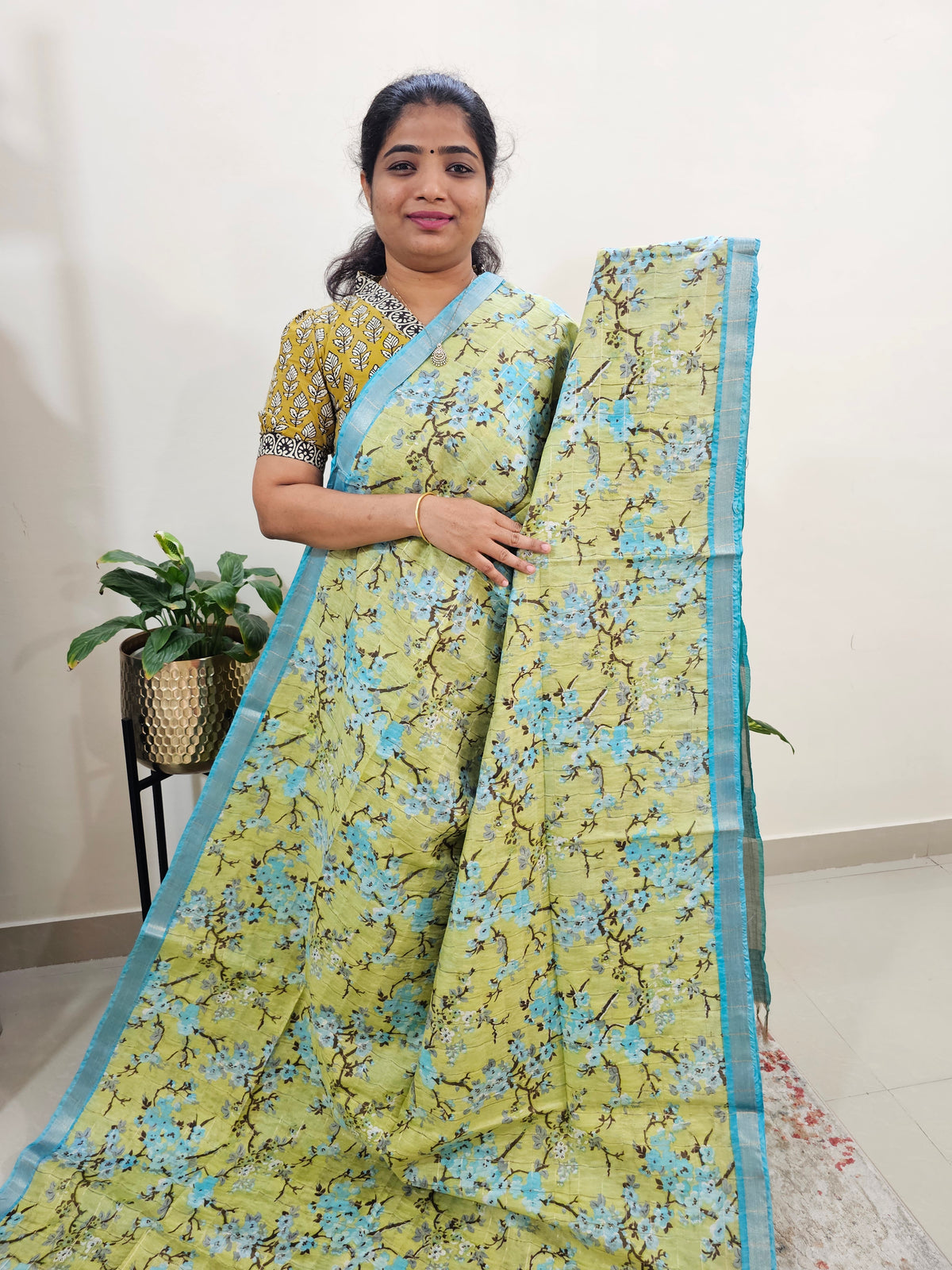Tussar by Cotton Kalamkari- Yellow  with Blue