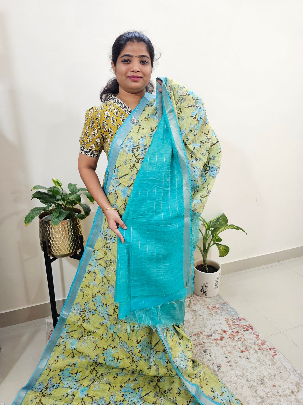 Tussar by Cotton Kalamkari- Yellow  with Blue