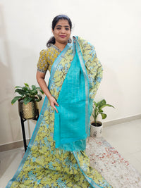 Tussar by Cotton Kalamkari- Yellow  with Blue