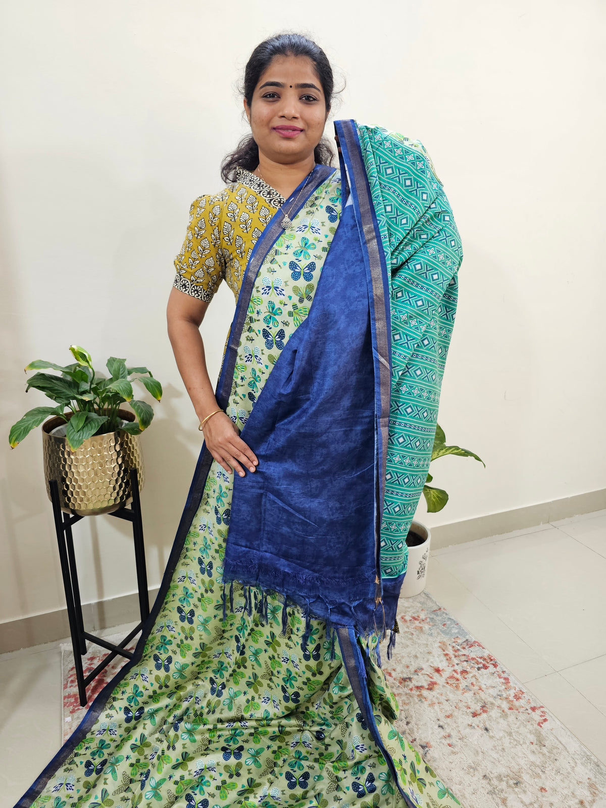 Tussar by Cotton Butterfly Pattern - Green with Blue Shade