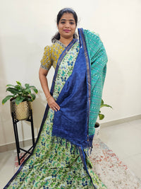 Tussar by Cotton Butterfly Pattern - Green with Blue Shade