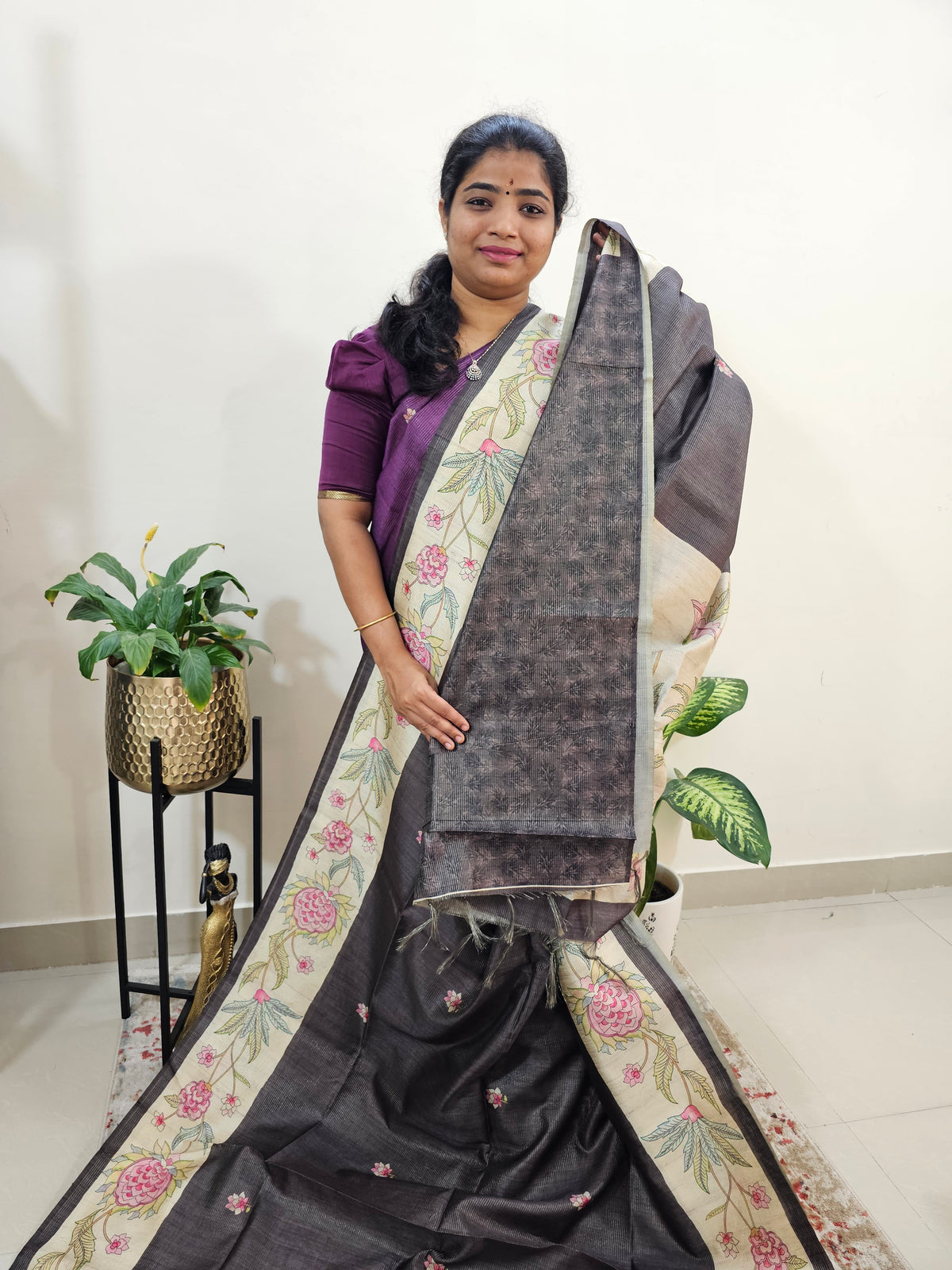 Semi Tussar with Striped Zari Weaving Saree - Grey with Cream