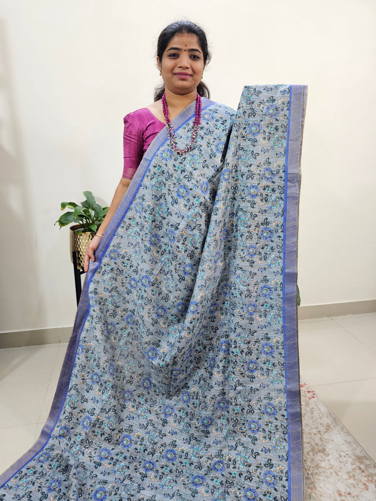 Tussar by Cotton Kalamkari- Grey with Blue
