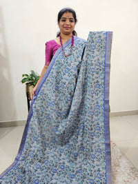 Tussar by Cotton Kalamkari- Grey with Blue