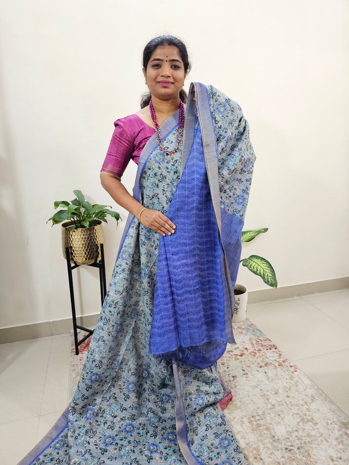 Tussar by Cotton Kalamkari- Grey with Blue