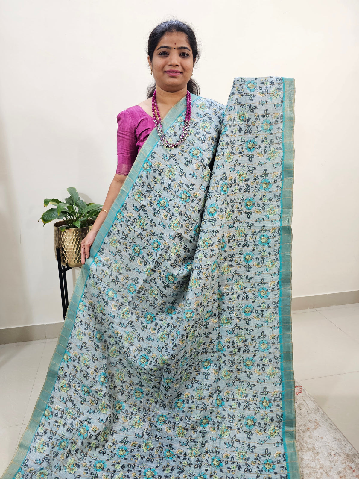 Tussar by Cotton Kalamkari- Grey with Sea Green
