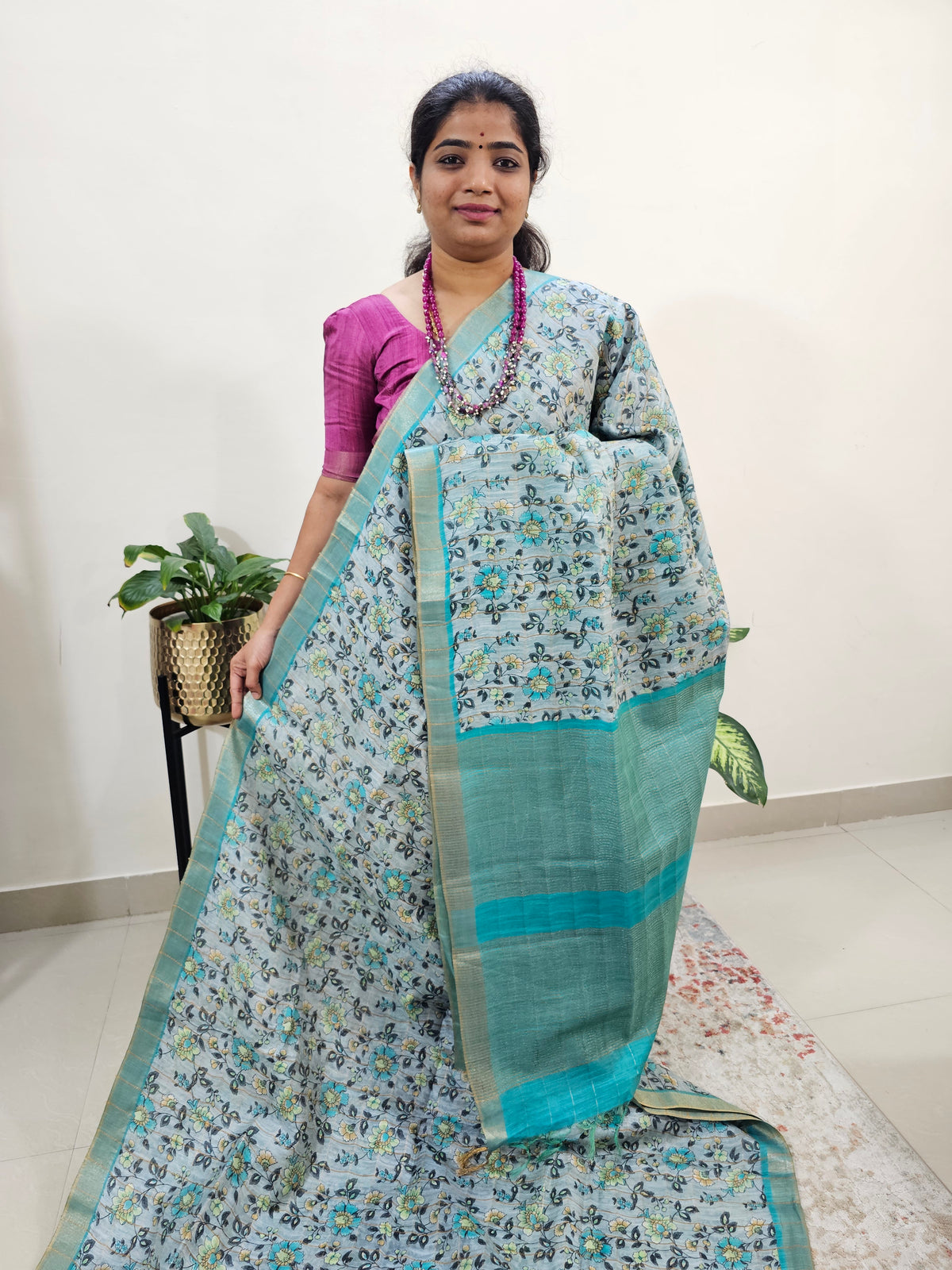 Tussar by Cotton Kalamkari- Grey with Sea Green