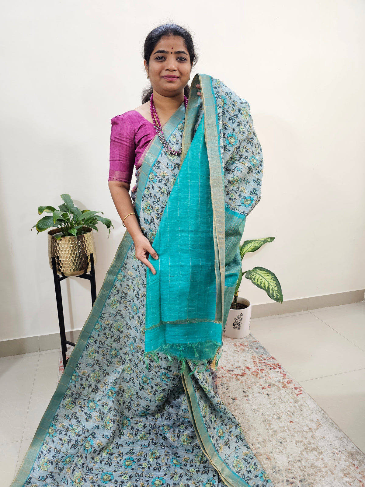 Tussar by Cotton Kalamkari- Grey with Sea Green