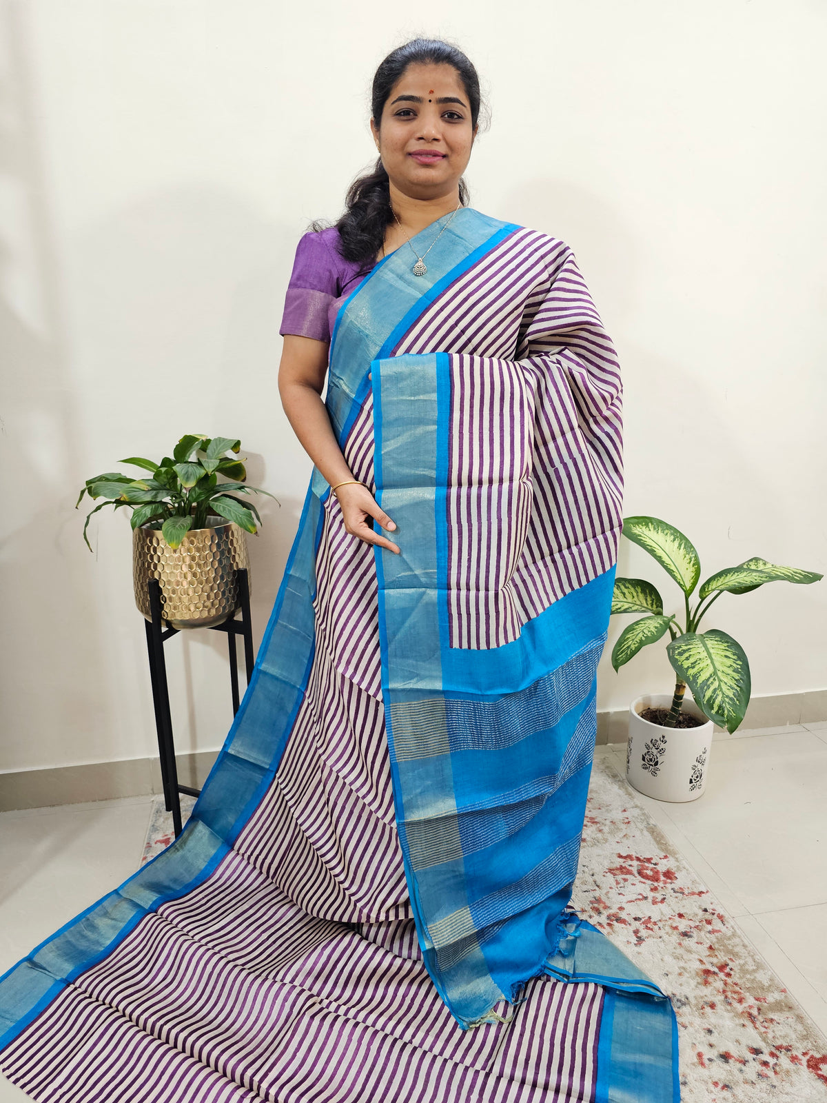 Pure Tussar Silk Saree with Zari Border - Purple with Blue