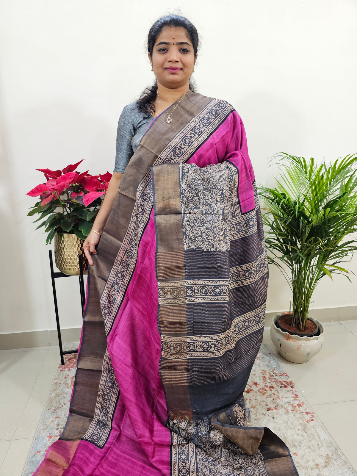 Pure Tussar Silk Saree with Zari Border - Pink with Grey