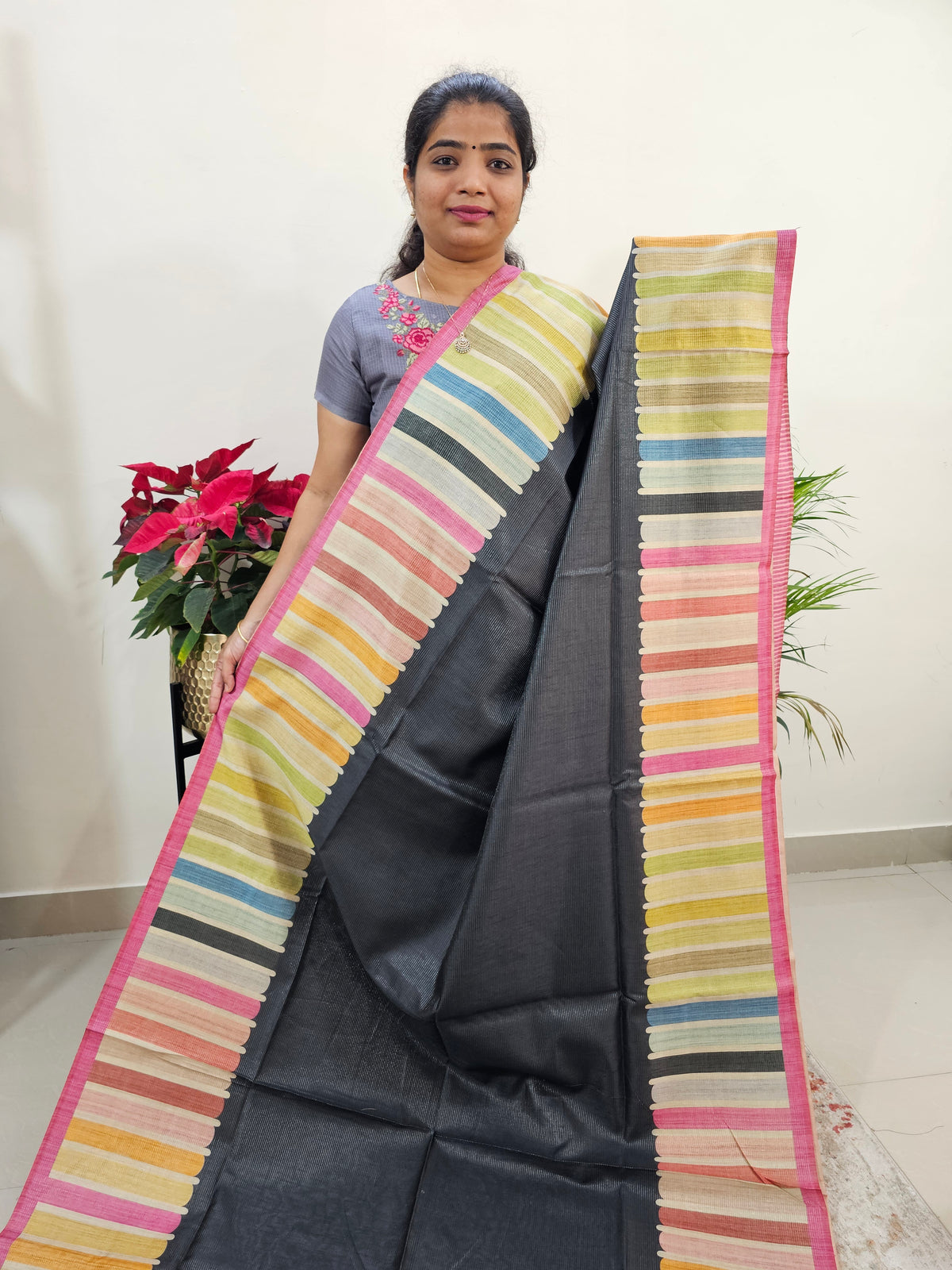 Semi Tussar with Striped Zari  Weaving Saree - Black with Pink