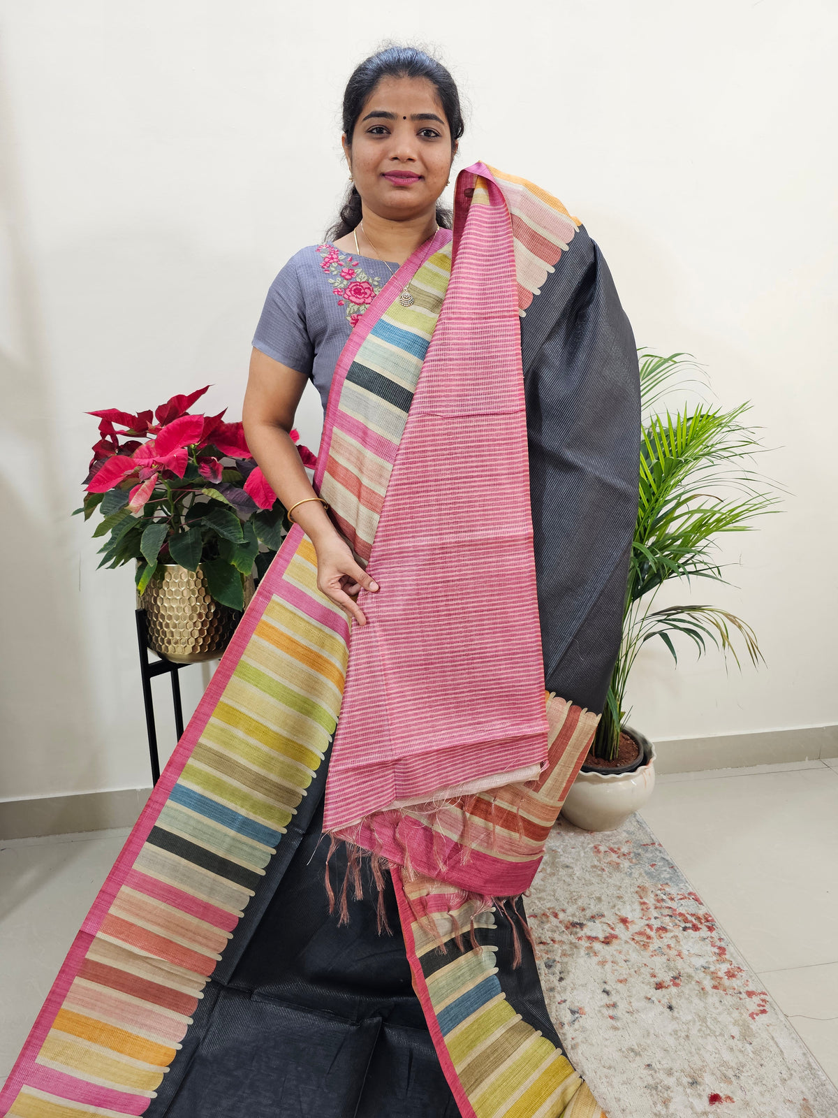 Semi Tussar with Striped Zari  Weaving Saree - Black with Pink