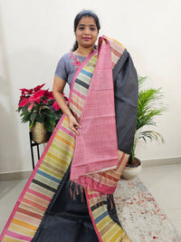 Semi Tussar with Striped Zari  Weaving Saree - Black with Pink