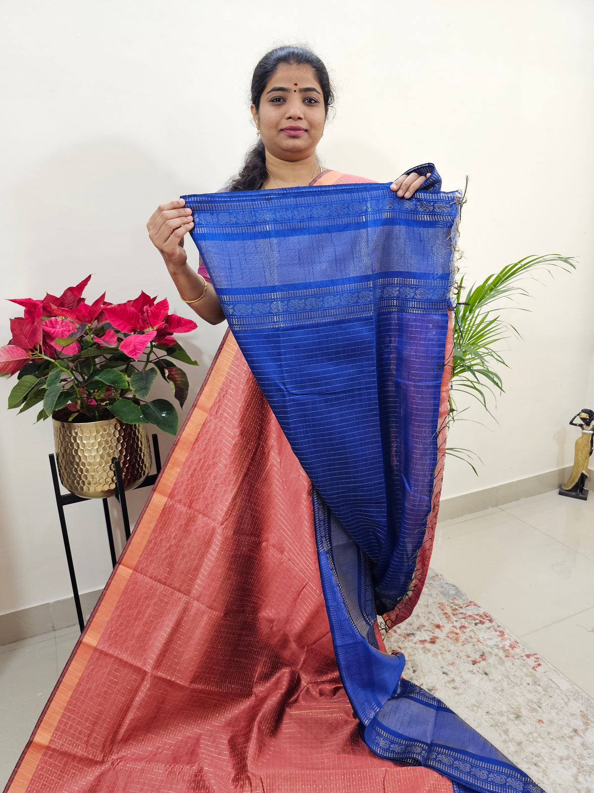 Semi Raw Silk Saree - Peach with Blue
